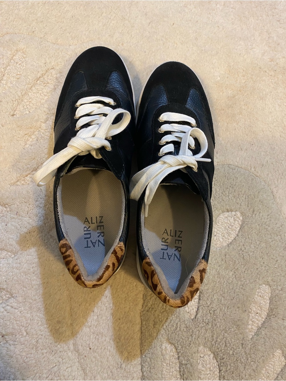 Naturalizer Black Lace-Up Sneakers with Leopard Animal Print Trim 9
